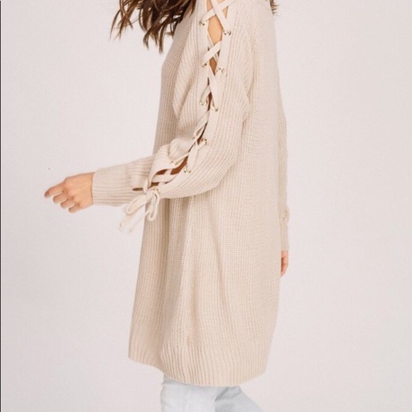 NWT Knit Crochet Taupe Pullover Long Sweater - Picture 2 of 3